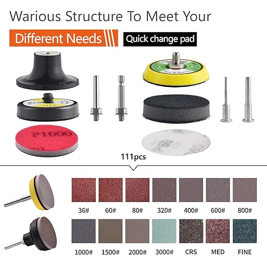 117 Pack 2 inch Hook & Loop Quick Change Sanding Discs Set for Drill Sanding Attachment, Headlight Restoration & Multi-Surface Sanding, Wet/Dry Use, 36-3000 Grit