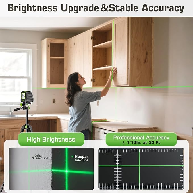 Laser Level with 60in Tripod, Huepar 150°/150Ft Self Leveling Lazer Leveler Tool with Pulse Mode (197Ft), Switchable Green Cross Line for Picture Hanging, Tile, DIY/Construction Project