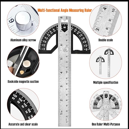 Protractor Angle Finder Carpenter Square Adjustable Aluminum Protractor Square and Angle Gauge for Carpenters & Woodworking Hobbyists with 0-180 Degrees Measuring Tool (12inch)