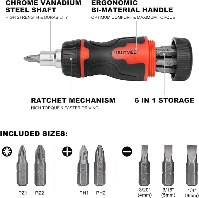 HAUTMEC 8-in-1 Stubby Ratcheting Screwdriver Set, Multi Screwdriver Tool All in One, Ratchet Short Screwdriver Set with Multi Bit Screw Driver for Use in Confined Space, Chrome Vanadium Steel Shaft