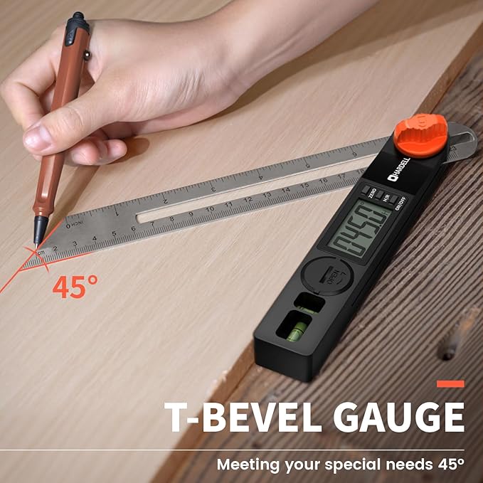 HARDELL Digital Angle Finder, 8 inch 230mm T-Bevel Protractor Ruler, Horizontal Vertical Bubble levels with Large LED Screen, 0-338 Degree Angle Measuring Tool, Suitable for Carpenters, Woodworkers