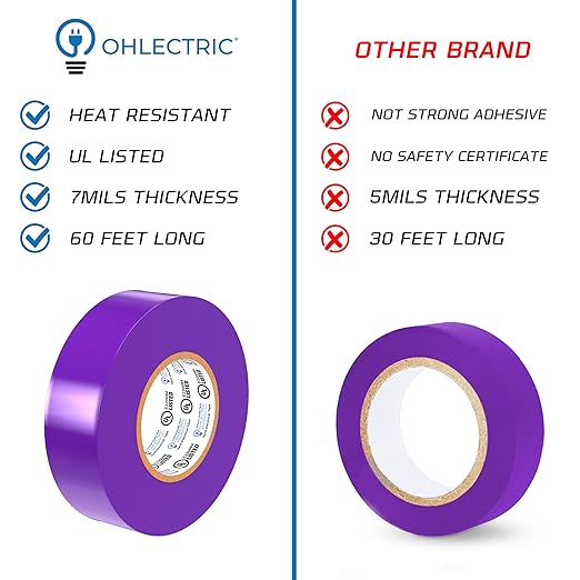OHLECTRIC Professional Grade Vinyl Electrical Tape (20 Pack) Purple - 7 Mil Thick Flame-Retardant, Heat & Weather Resistant 3/4 Inch x 60 Feet | Ideal for Contractors & Electricians