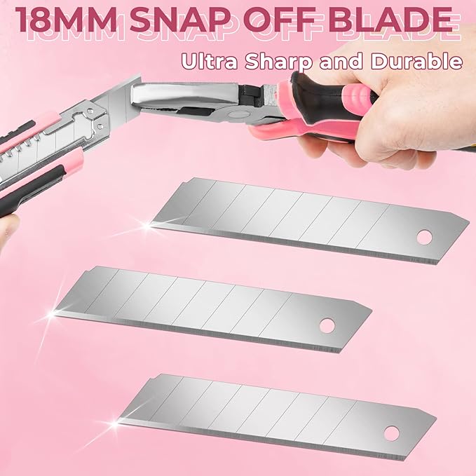 3-Pack Box Cutter, 18mm Wide Blade Utility Knife Retractable, Pink Box Cutter with Quick Change Blade and Lanyard Hole Design, Exacto Knife Suitable for DIY, Office, Arts Crafts and Home