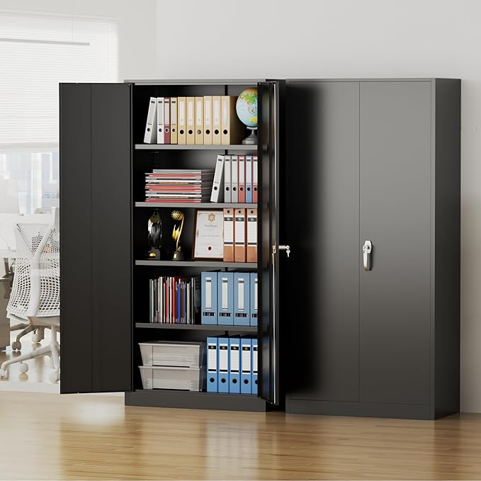 Pataku 71'' Metal Storage Cabinet, Garage Storage Cabinet with 2 Doors and 4 Adjustable Shelves, Steel Lockable Storage Cabinet, Black File Cabinets for Home, Office, Warehouse