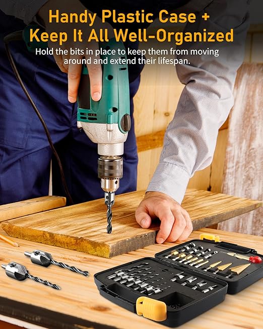 34 Pcs Woodworking Chamfer Drilling Tools Including 6 Countersink Drill Bit Set, 7 Countersink Drill Bit, 8 Plug Cutters for Woodworking, 3 Step Drill Bit and 8 Drill Stop Bit Collar Set.