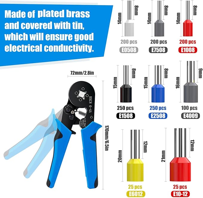 Ferrule Crimping Tool Kit, LUNEY Crimper Plier with 1250PCS Wire Ferrules Kit Wire End Terminals, Self-adjustable Ratchet Tool Set for AWG 23-7 Cable connectors, 0.25-10mm²