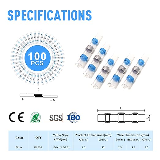 Kuject 100PCS Solder Seal Wire Connectors AWG 16-14, Blue Solder Seal Heat Shrink Butt Connectors Terminals Waterproof Wire Splice Connector for Marine Boat Wire Joint