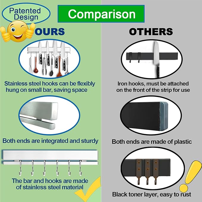 YIIYIIN 12 Inch Magnetic Knife Holder for Wall No Drill,Adhesive Knife Magnetic Strip with 6 Hooks,Kitchen Double Rods Stainless Steel Magnetic Utensil Holder(Silver)