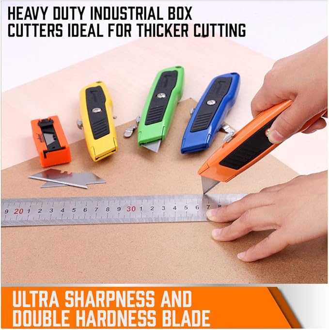 HORUSDY 4-Pack Box Cutter Utility Knife, Heavy Duty Aluminum Shell Retractable Box Cutter for Cardboard, Boxes and Cartons, Extra 10 Blades