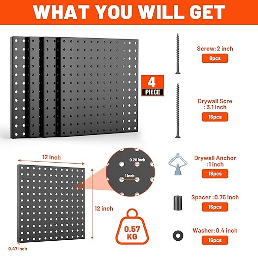 ValueMax 4 Pack Metal Pegboard Panels, 12”x 12” Heavy Duty Metal Pegboard Wall Organizer for Home, Garage, Workbench, Kitchen, Craft Room Tool Storage, Black Modular Peg Board Organizer Board