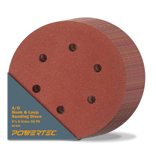 POWERTEC 60 Grit, 50 PK, 6 Inch Sanding Discs – Hook and Loop, 6-Hole Aluminum Oxide Orbital Sander Pads, Woodworking & Paint Round Sandpaper for Random Orbital, Air, Pneumatic & DA Sanders (45206-P2)