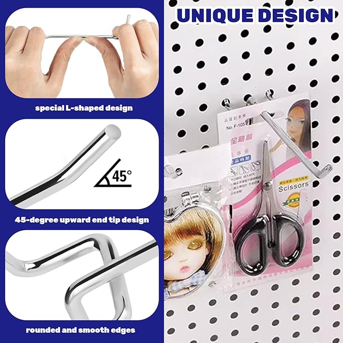40Pcs 8" /200mm Stainless Steel Pegboard Display Hooks Bulk Set, Silver Garage Organization Peg Wall Hook Metal Slatwall Panel Hook Fit 1/8 and 1/4 Inch Pegboard for Retail