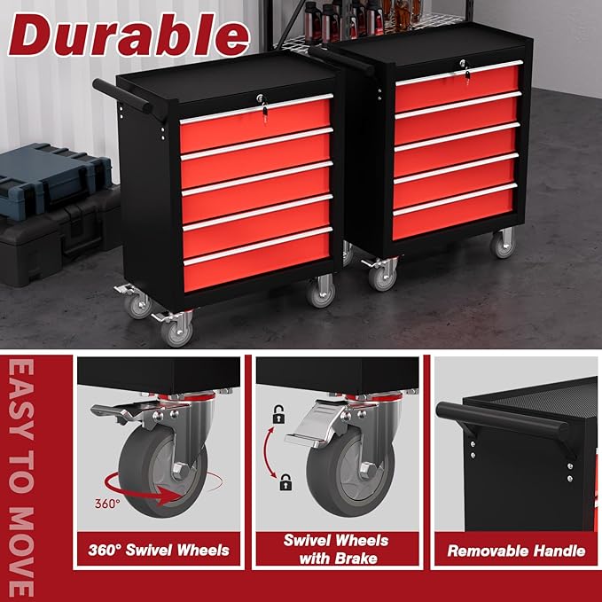 Rolling Tool Chest with Drawers, 5 Drawers Tool Chests & Cabinets, Metal Toolbox with Wheels, Lockable Storage Cabinet, Garage Tool Box with Drawers (BlackRed, 5 Drawers)