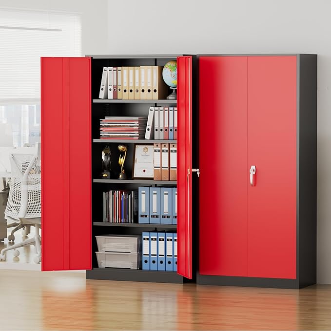 Pataku Metal Storage Cabinet, 71" Garage Cabinet with Doors and Shelves Lockable Steel Multifunctional Cabinets, File Cabinets for Home, Office, Warehouse(Black Red)