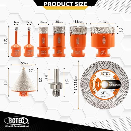 BGTEC Diamond Hole Saw Kit - 9PCS 6/6/20/25/35/50mm Drill Bits + 50mm Chamfering Bit + Adaptor + 115mm Tile Blade for Porcelain Tile Ceramic Granite Marble Stoneware