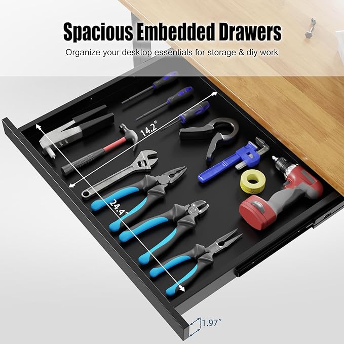 60” Adjustable Work Bench, Heavy Duty Work Table with Power Outlets & Drawers Wheels for Workshop, Garage, 3000 Lbs Capacity