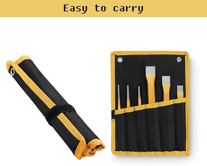 6 Pack Punch and Chisel Set, Includes 3 Pcs Digging Tools Cold Chisel, 3 Pcs Center/Pin/Tapered Punch Set, with Canvas Bag, Masonry Chisels for Brick, Wood, Metal and Stone