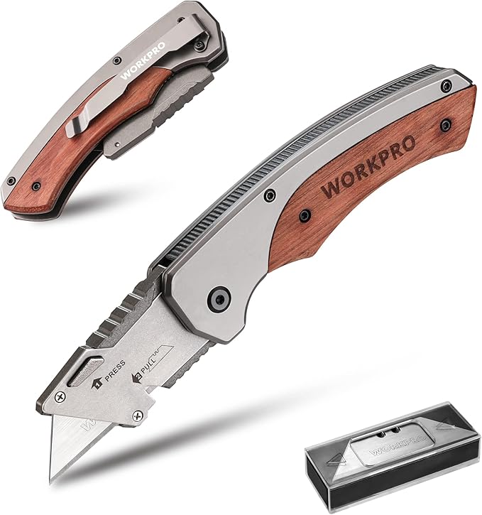 WORKPRO Folding Utility Knife, Quick-Change Box Cutter with Stainless Steel Head & Liner Lock, Wood Handle Razor Knife and Extra 10PC SK5 Blades
