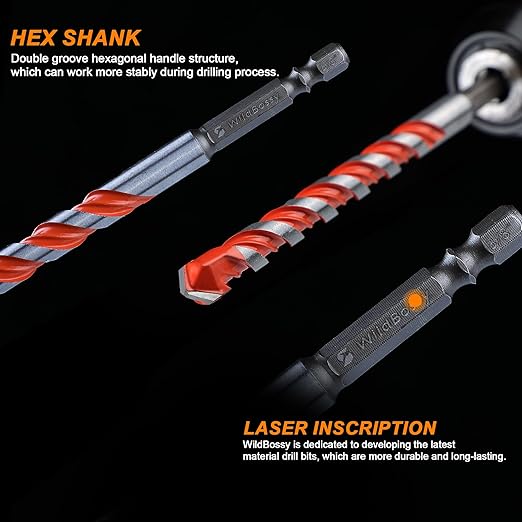 Concrete Carbide Drill Bits Hex Shank Masonry Cement Tile Drill Bit Set for Glass/Brick/Plastic/Cement/Tile 1/4" (10PCS)