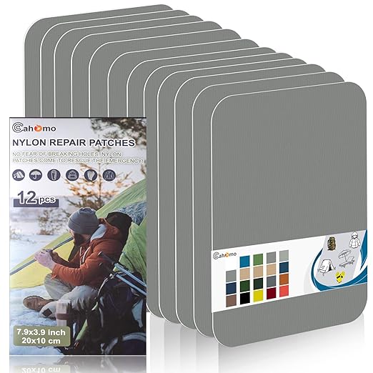 7.9x3.9 inch 12 PCS Nylon Repair Patch Nylon Repair Tape Self Adhesive Fabric Tapes Outdoor Camping Gear Fabric kit for Tent, Umbrella, Down Jackets, Sleeping Bag, Knapsack（Gray）