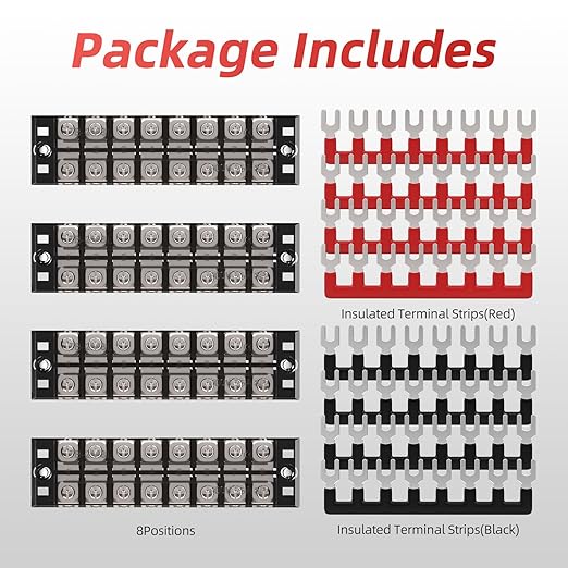 APIELE Dual Row 8 Position Screw Terminal Block Covered - 25A 8 Position Pre-Insulated Terminal Barrier Strips (4PCS 8P+8PCS Wiring Strips)