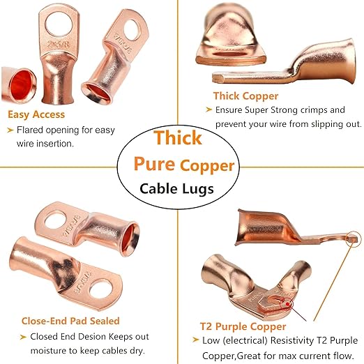 Bare Copper Lugs 2 4 6 Gauge Battery Lugs 72pcs Heavy Duty Wire Lugs 2 AWG 4 AWG 6 AWG Battery Cable Ends Ring Terminals Kit with 3/8" & 5/16" Stud Cable Lugs Terminal Connectors with Heat Shrink Tube