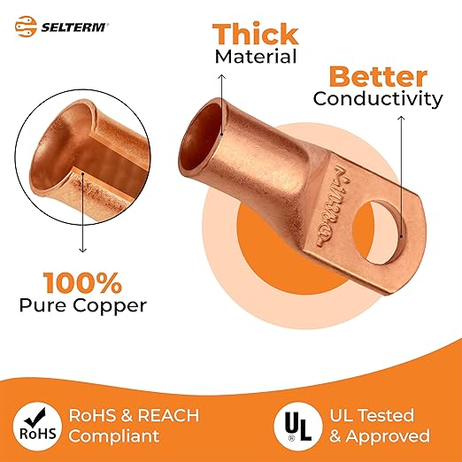 SELTERM 15pcs 1/0 AWG 3/8" Stud - UL Heavy Duty Battery Terminal Connectors, Bare Copper Battery Cable Lugs, 0 Gauge Wire Connectors, Electrical Battery Cable Ends, Ring Terminals Copper Lugs