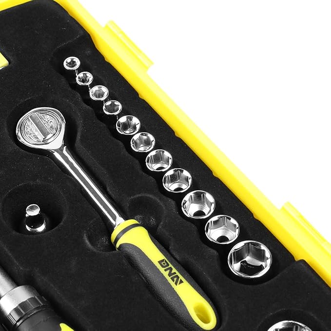 DNA MOTORING Home Repair Tool Set, Magnetic Screwdriver Socket Set, Ratchet Screwdriver Tools Set for Mechanics and DIY, w/Storage Box, Yellow, TOOLS-00036