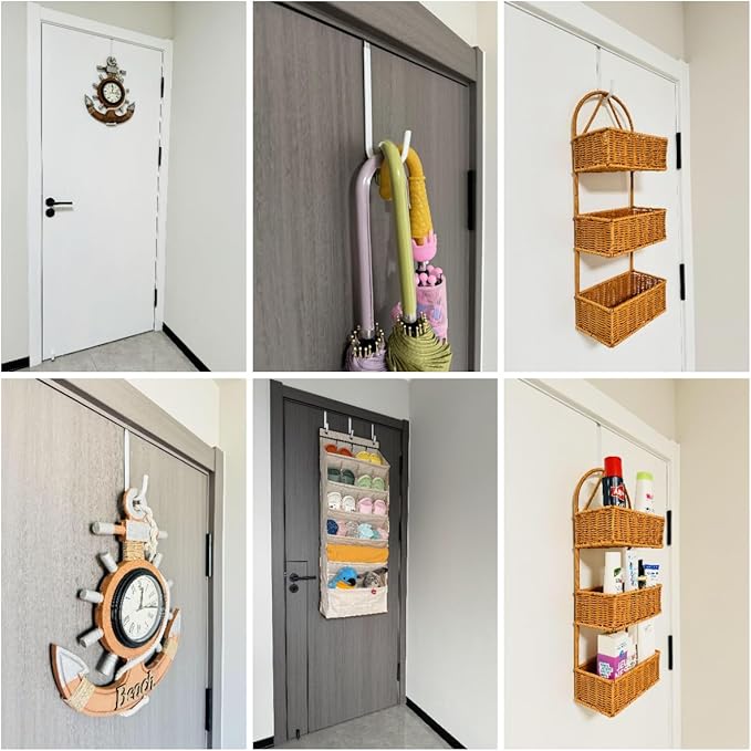 Over the Door Hooks 4Pcs L=5.5" Fit 1 3/8" Door Steel with White Rubber Coating Hanging Towel Robe Clothing Hanger for Bathroom Room Wreath Ironing Board Holder Cute Thin Single Heavy Duty