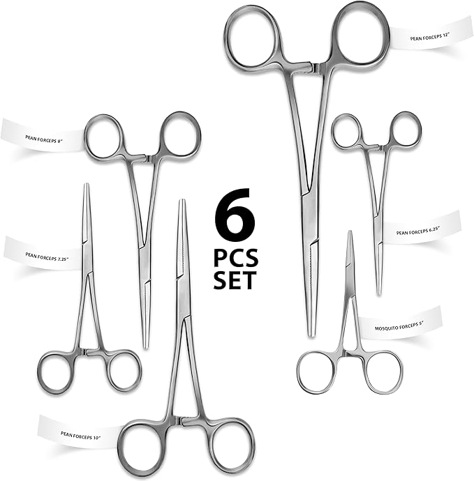 Hemostats ROCHESTER PEAN Forceps Locking Pliers Clamps Tongs Full Serrated Stainless Steel (Straight 5,6.25,7.25, 8,10,12 Inches 6 pcs Set)