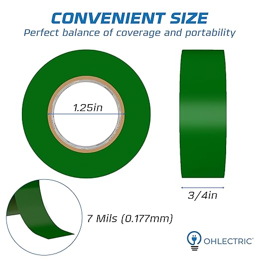 OHLECTRIC Professional Grade Vinyl Electrical Tape (1 Pack) Green - 7 Mil Thick Flame-Retardant, Heat & Weather Resistant 3/4 Inch x 60 Feet | Ideal for Contractors & Electricians