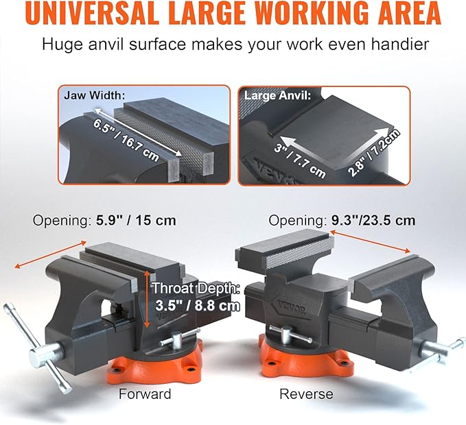 VEVOR Bench Vise, 6.5" Jaw Width 6.5" Forward &9.3" Reverse Opening, 360-Degree Swivel Locking Base Multipurpose Workbench w/Anvil, Heavy Duty Ductile Iron w/Bolts & Nuts, for Drilling, Pipe Cutting