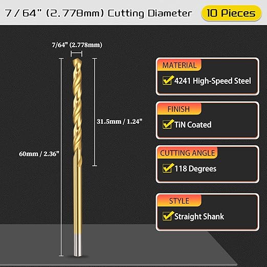 Drill Bit, 7/64" Cutting Diameter (2.778mm), 4241 HSS TiN Coated 118° Cutting Angle Versatile Jobber Bits - (Applications: for Drilling Plastic Wood Soft Thin Metal), 10-Pieces