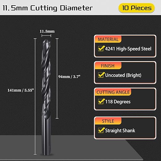 Drill Bit, 11.5mm Cutting Diameter, 4241 HSS Nitriding Black 118° Cutting Angle Versatile Jobber Bits - (Applications: for Drilling Plastic Wood Soft Metal), 10-Pieces