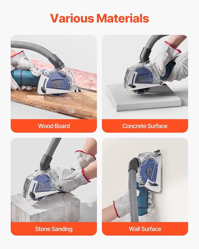 VEVOR Cutting Dust Shroud for Angle Grinders, Universal 4-5 in Angle Grinder Dust Shroud with 6 Clamping Washers & 5 in Diamond Grinding Cup Wheel, Adjustable Cutting Depth, Connect to Vacuum Cleaner