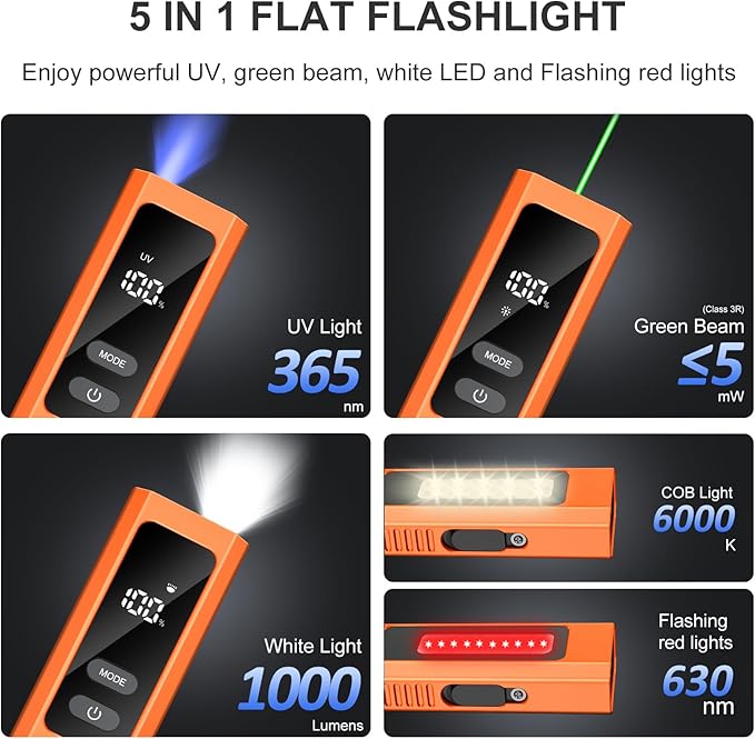 5-in-1 Rechargeable EDC Flat Flashlight, High Lumens Pocket Torch with White LED, Green, UV, Magnetic Base & Clip, Compact Flat Flashlight for Camping, Emergency, Work with Bag (Orange)