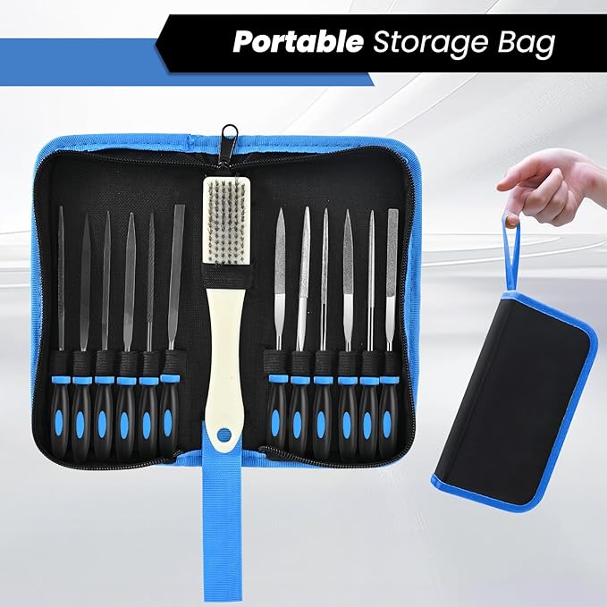13Pcs Premium Small File Set, 6 Diamond Files, 6 Steel Files, Cleaning Brush & Carrying Case for Wood, Plastic, Jewelry, Leather, DIY