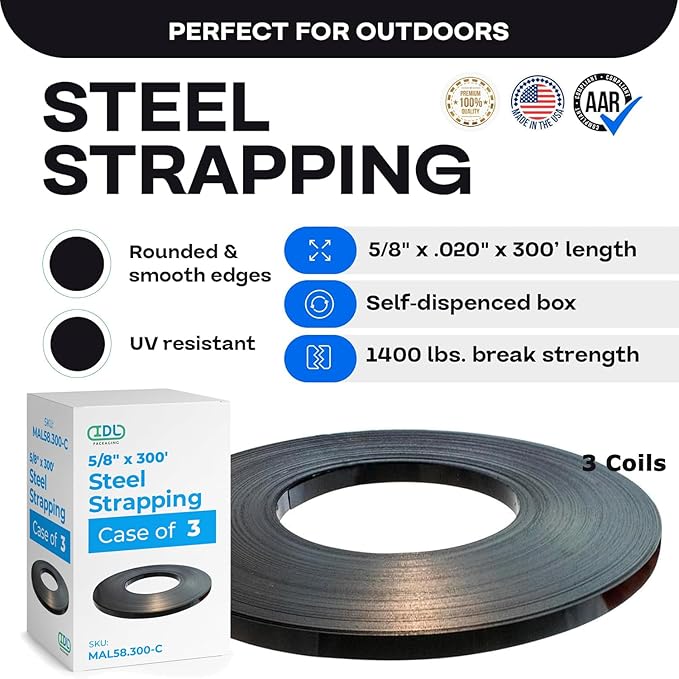 Steel Strapping Coil 5/8" x .020" x 300' (3-Pack), 1400 lbs Break Strength in Self-Dispensed Сardboard Box - Metal Band - Portable Strong Metal Banding with Superior Cut-Resistance by IDL Packaging