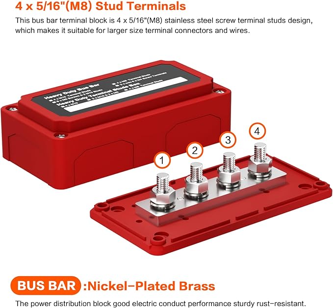 2pcs 300A Bus Bar Box Nickel Plated Brass Power Distribution Block with 4xM8 (5/16 inch) Positive Negative Ground Battery Junction Block Buss Bar with Cover DC12 24 48V（Red & Black）