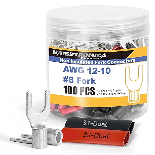 haisstronica Non Insulated Wire Connectors Kit，50pcs #8 Fork Terminals (AWG 12-10) with 50pcs 3:1 Heat Shrink Tubing for Automotive Marine，Brazed Seam Wire Crimp terminals