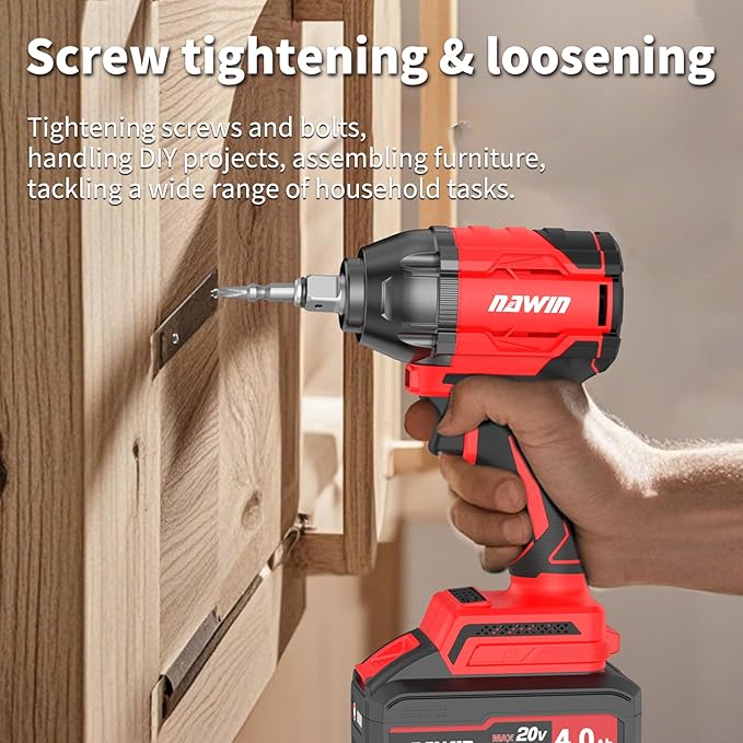 NAWIN Cordless Impact Wrench, 258Ft-lbs & 350Nm Power Impact Socket Set, 1/2 inch, Multi-Speed Adjustment, Led Light, 20V Impact Wrench with 1×4.0Ah Battery, Fast Charger