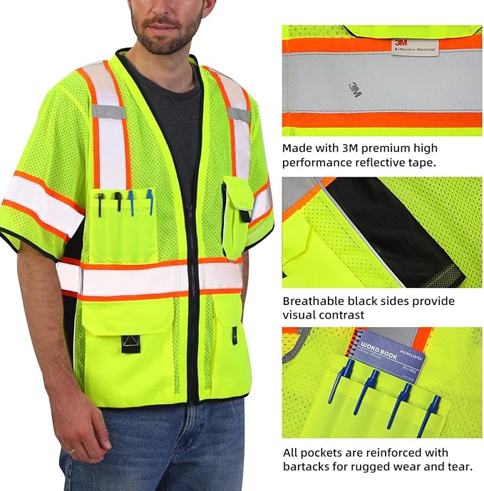 Dib Safety Reflective Mesh Vest ANSI Class 3, High Visibility with Pockets and Zipper, Made with 3M Reflective Tape, Yellow XL