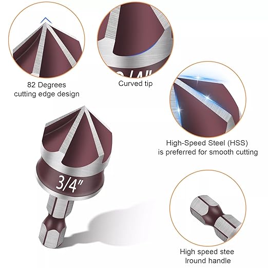 5PCS Countersink Drill Bit Set, 82 Degree HSS Counter Sink Drill Bit for Wood, Metal, Plastic, 1/4"-3/4" with 1/4" Hex Shank Countersink Bit Set