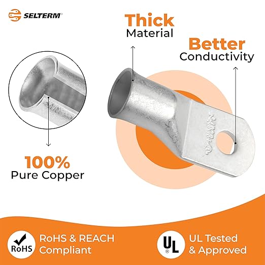 SELTERM 10pcs 4/0 AWG (XL)-3/8" Stud Tinned Copper Wire Lugs,Heavy Duty Battery Cable Ends,0000 Gauge Ring Terminals, UL Battery Lugs Marine Grade Copper Eyelets Electrical Battery Terminal Connectors