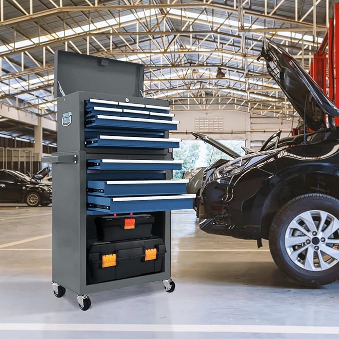 Kirmoasl 13-Drawer Rolling Tool Chest,Large Tool Chest with Wheels,2 in 1 Detachable Tool Chests,Portable Tool Storage,Locking Mechanic Tool Box for Warehouse,Garage (Gray&Blue)