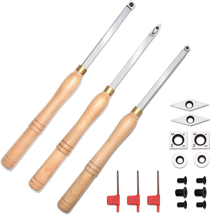 Woodturning Carbide Lathe Tools, 17” Full Size Wood Turning Tool Set of 3 Rougher Detailer Finisher, Includes Replacement Cutter Inserts
