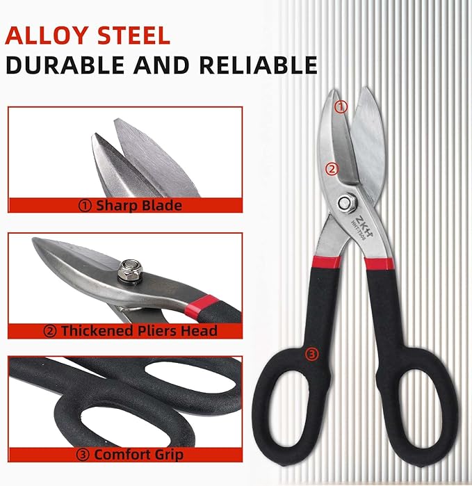 ZKH 10 Inch Tin Snips, Alloy Steel Forged Heavy Duty Metal Shears with Comfortable Two-Color PVC Dipped Plastic Handle, Metal Snips for Cutting Sheet Metal