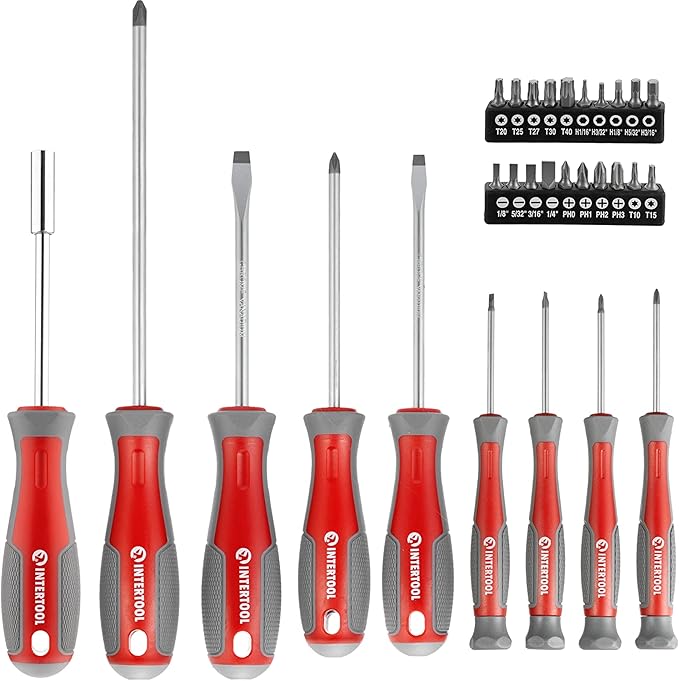 INTERTOOL Screwdriver & Precision Driver Tool Set with Magnetic tips and Bits - Phillips, Flat Head, Torx, Hex - Cr-V Steel with Cushion Grip Handles VT08-3329