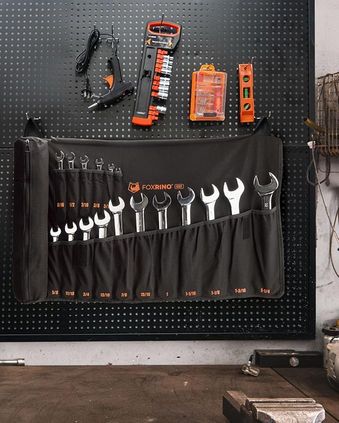 Wrench Roll, Wrench Roll Up Pouch, Gifts for Men Father Dad Mechanic, Heavy Duty Canvas Wrench Organizer Bag (Black, 17+1 SAE)