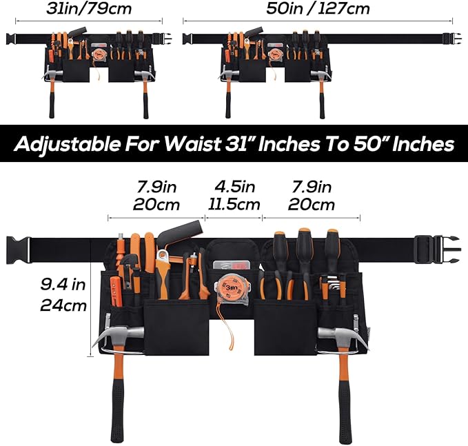 Gifts for Men,19 Pocket Tool Belts with Quick Release Buckle- Heavy Duty Detachable & Adjustable Utility Belt,Work Apron for Men and Women,for Electrician,Carpenter,Construction Tool Belt (Black)